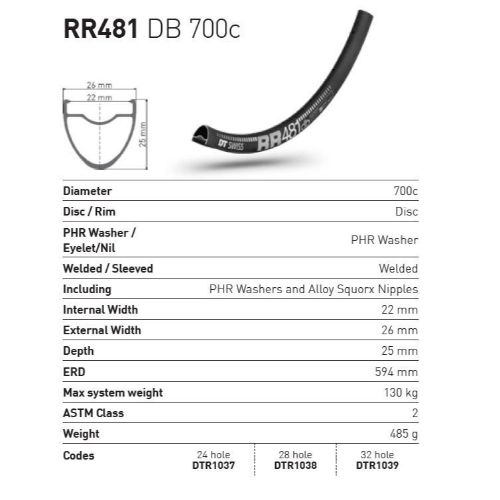 DT Swiss RR481 Db Rim - 700C 24H Black (22 Wide)