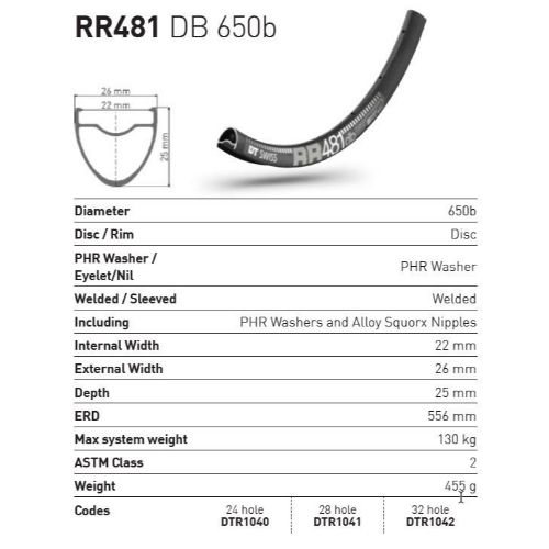 DT Swiss RR481 Db Rim - 650B 24H Black (22 Wide)