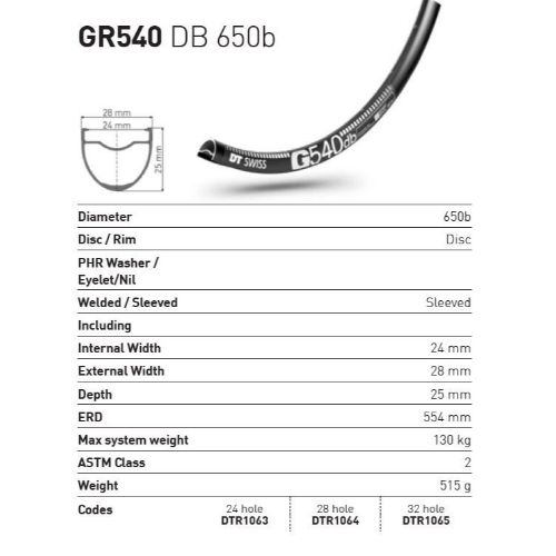 DT Swiss GR540 Db Rim - 650B 28H Black